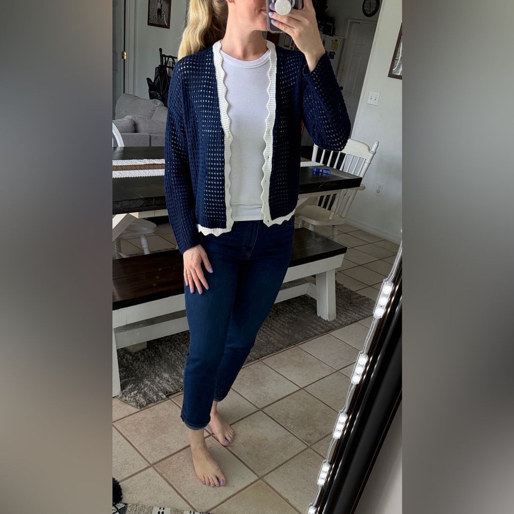 27 Miles Malibu Navy Blue Tammie Cotton Crochet Cardigan With Contrast Trim